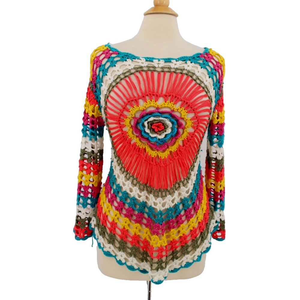 Crochet womens BOHO Sweater Top Size S Open Knit‎ Hippie Shabby Chic Colorful